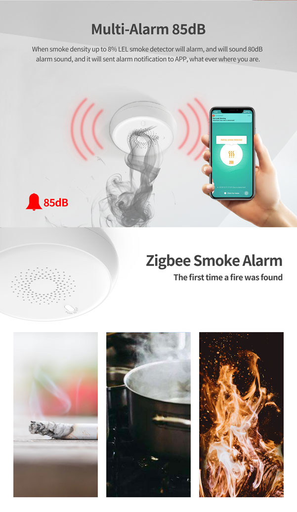 15dBm Zigbee Smoke Detector 85db Tuya Smoke Detector Home Assistant