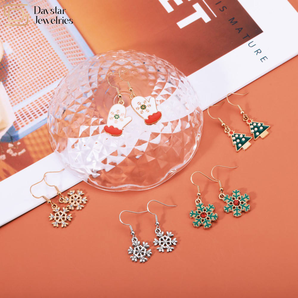 Elk Snowman Santa Silver Christmas Earrings , Xmas Tree Womens Holiday Earrings