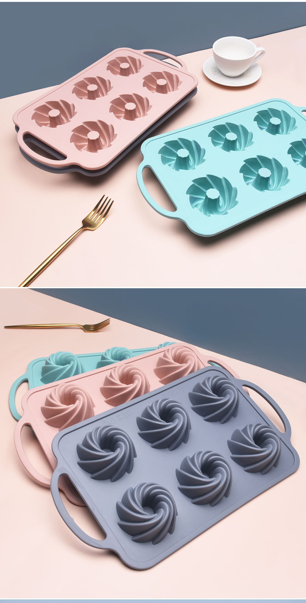 Heat Resistant 6 Cavity Silicone Baking Mold With Iron Handle