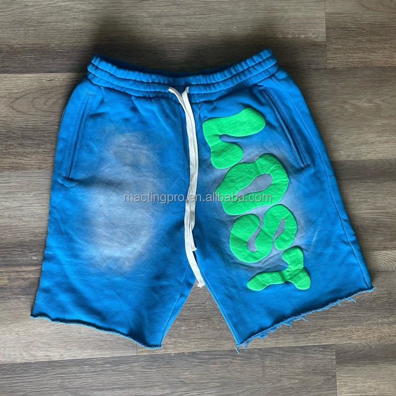 Acid Wash Sun Faded Oversized Shorts Custom Logo Puff Print Men's French Terry Joggers