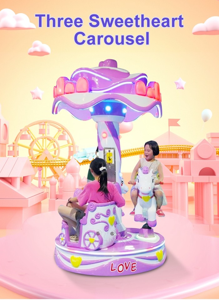 Three Sweetheart Carousel Kiddy Ride Machine Swing Electric Coin Operated Arcade Game