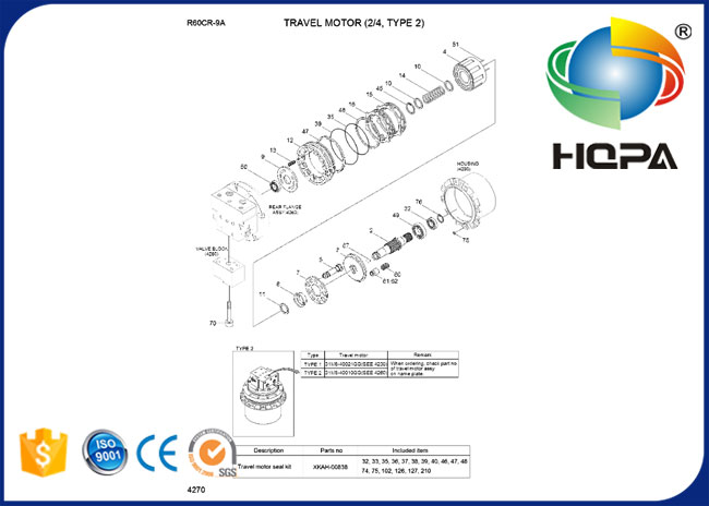 XKAH-00838 XKAH00838 Travel Motor Seal Kit for Hyundai R55-7 R60-7 R60CR-9A