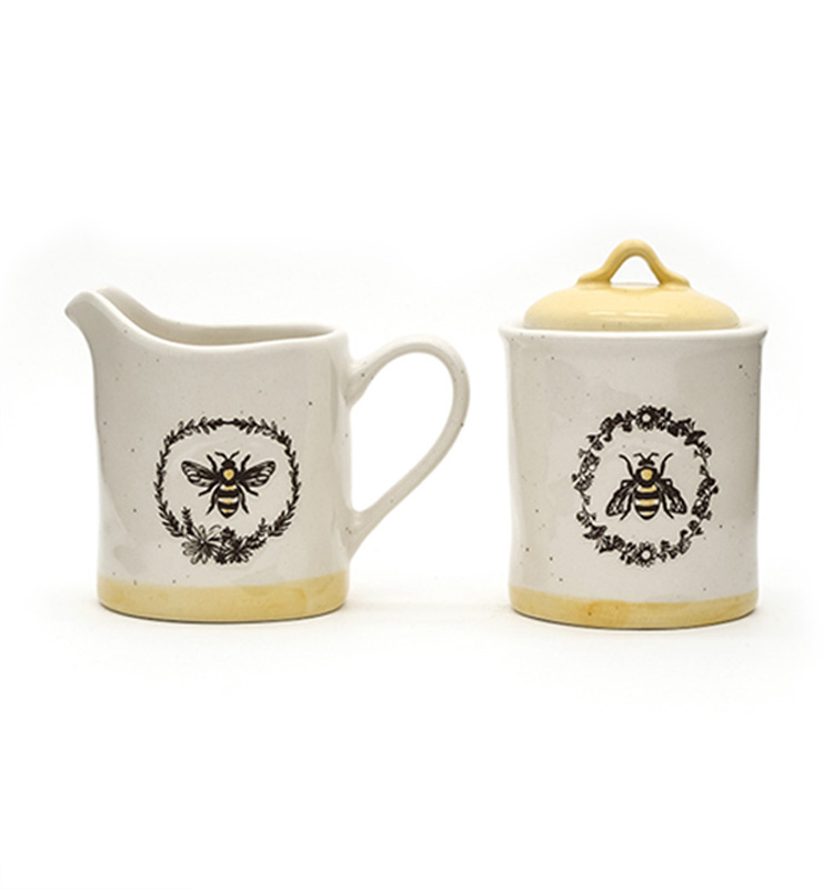 Pottery Creamer And Sugar Set 3D Bees Silk Printed Sugar With Ceramic Lid Everyday