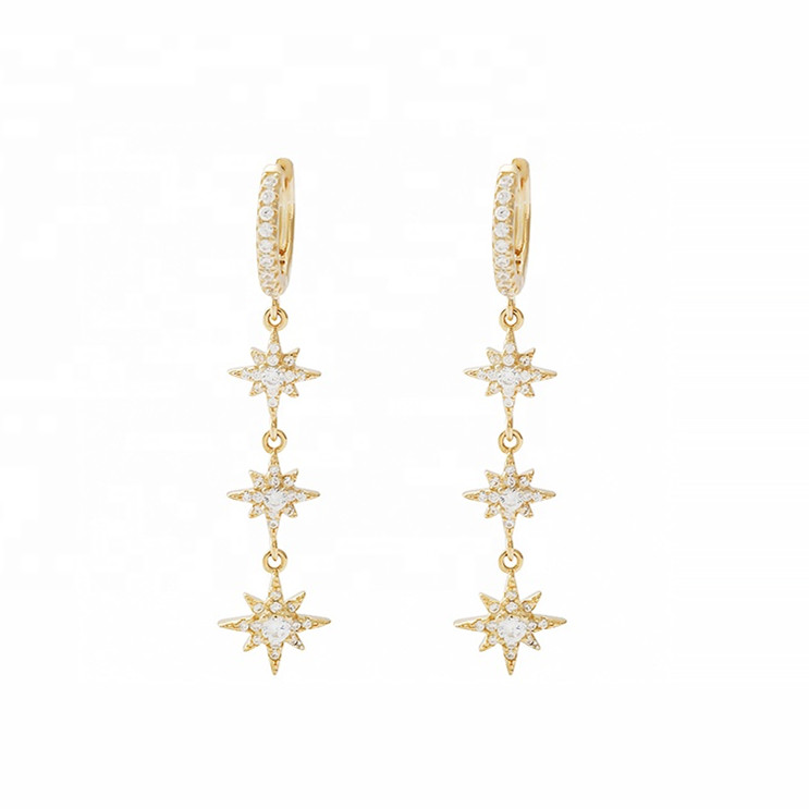 Gold Plated 925 Silver Brazilian Starburst Long Dangle Hoop Earrings for Women