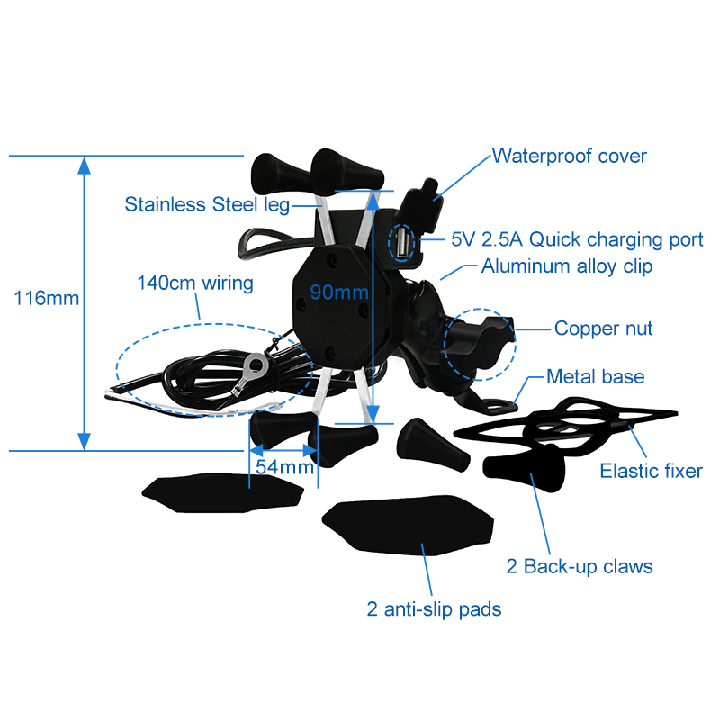 3-6.5 Inch Gps Phone Holder , 5V 2.5A Wireless Charging Motorcycle Phone Mount
