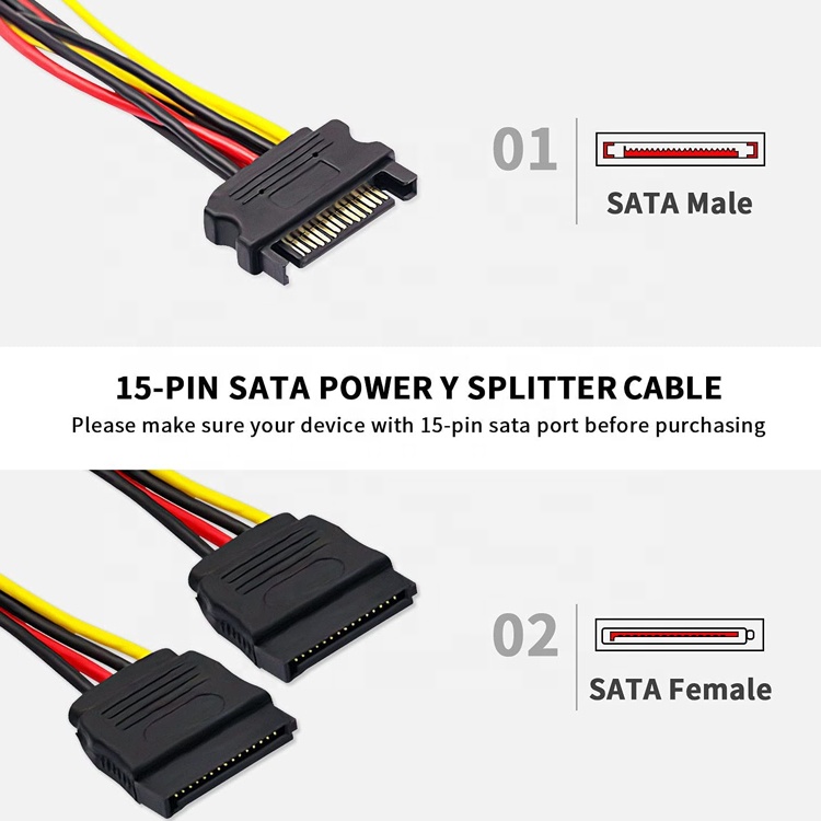 Male to Female Data Sata 15 Pin Power Y Splitter Cable for Computer HDD SSD PC Case