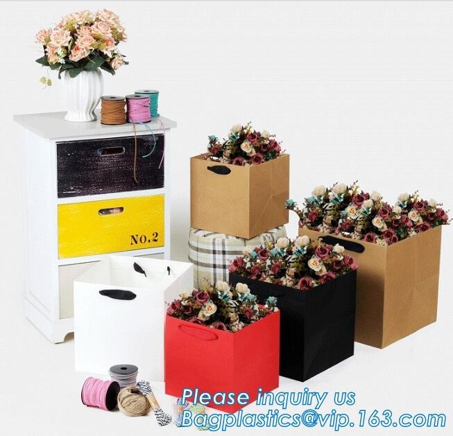 Flower carrier bag with different color customized pot plants kraft paper bag with handle,stamping logo fancy paper flow
