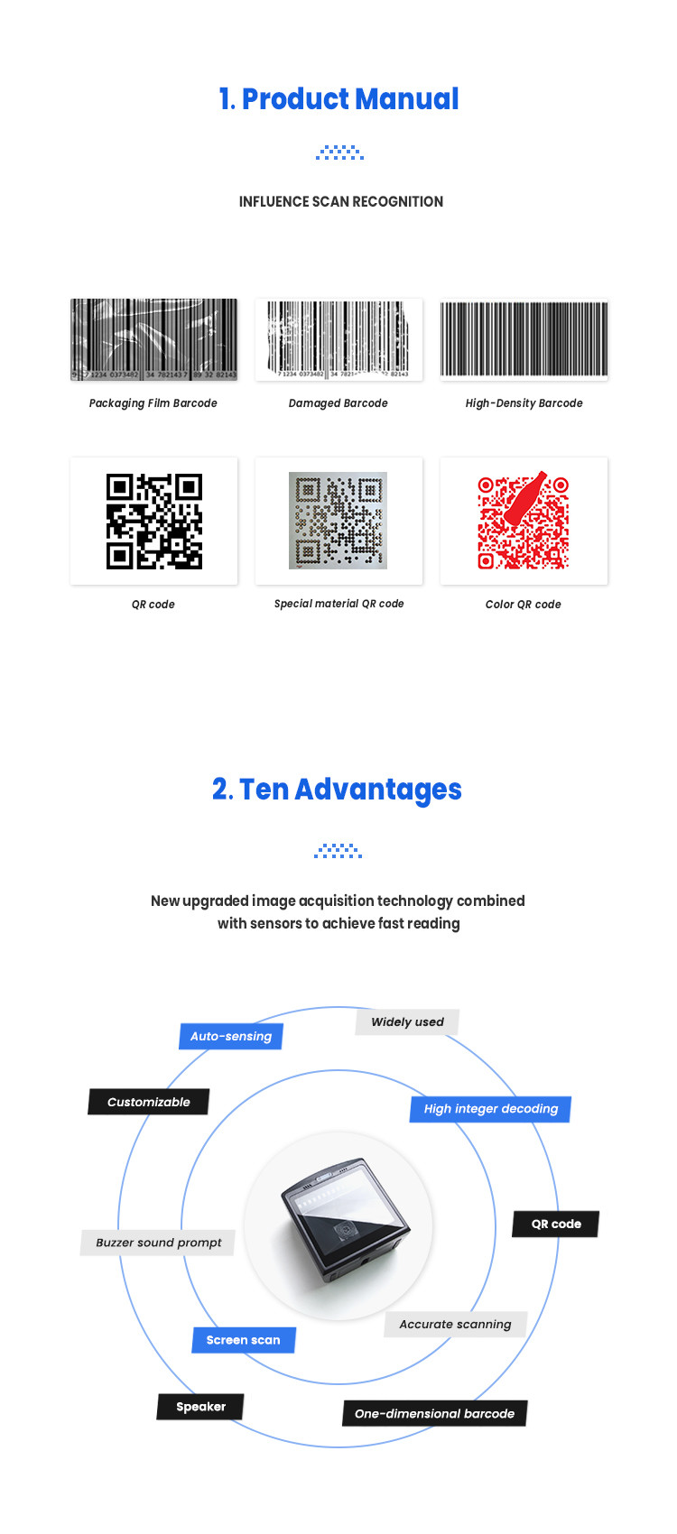 4mil 1280x1024 Handsfree Barcode Scanner 1D 2D QR Reader 210mA For Supermarket