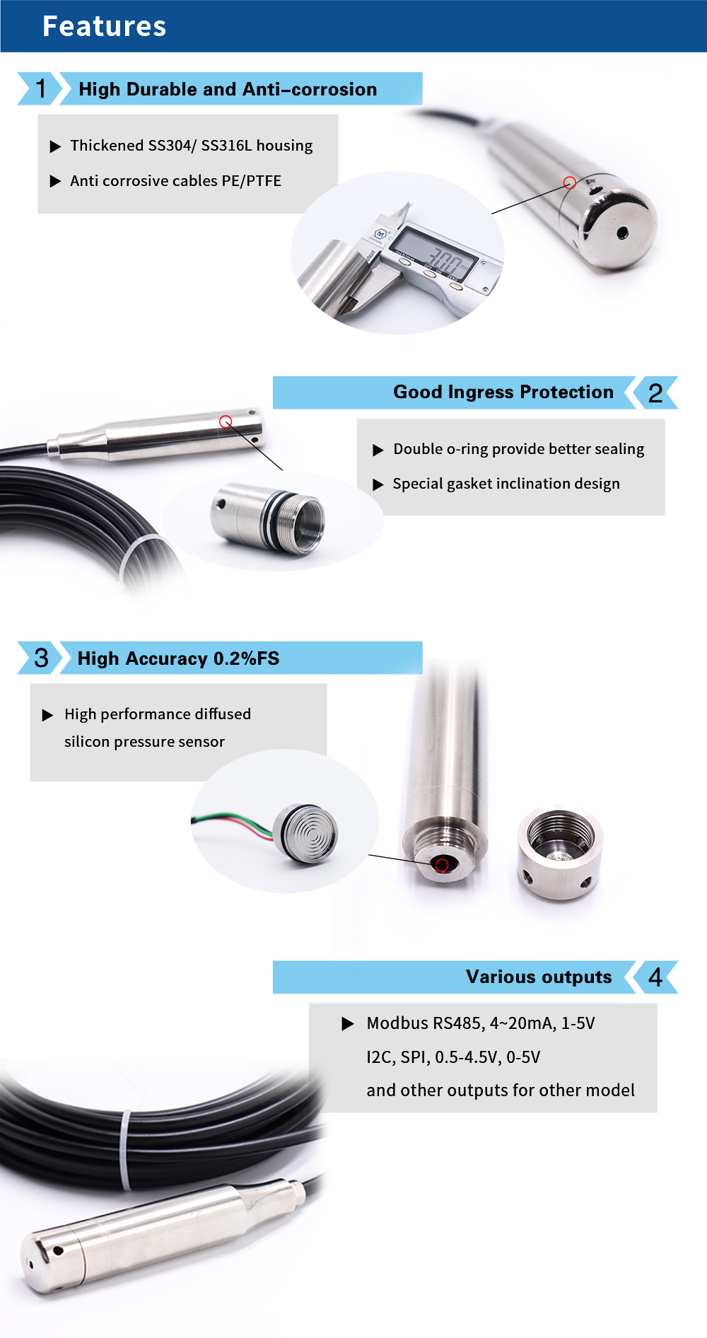 4-20mA Digital Water Level Sensor PTFE Cable material For Underwater