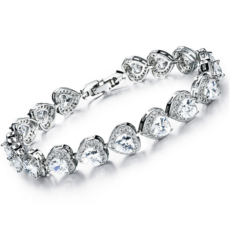 Fashion Platinum Plated Links Chain Heart Shape Clear Cubic Zirconia Tennis Bracelet (JDS949WHITE)