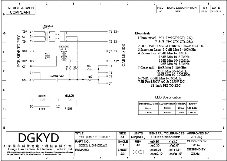 DGKYD111B074DB2A1D RJ45 100M Network Connector 8PIN Without Lamp With Shield