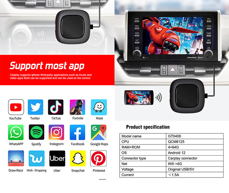 Automotive Wireless Carplay AI Box Android 12 8 Core Multifunctional