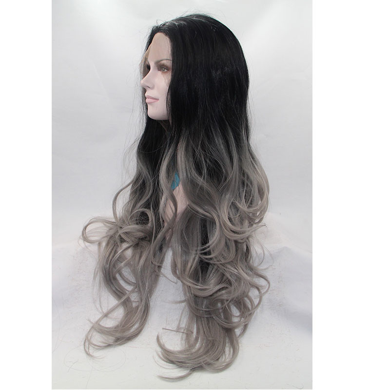 Factory Price Ombre Gray Color Synthetic Lace Front Wigs Wave Style