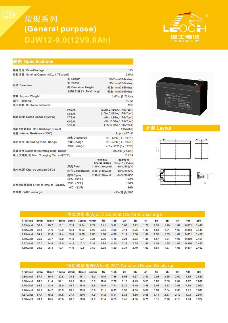 Sturdy ABS Container Leoch Battery DJW12-9.0 12V9Ah for UPS Machine Room Power System