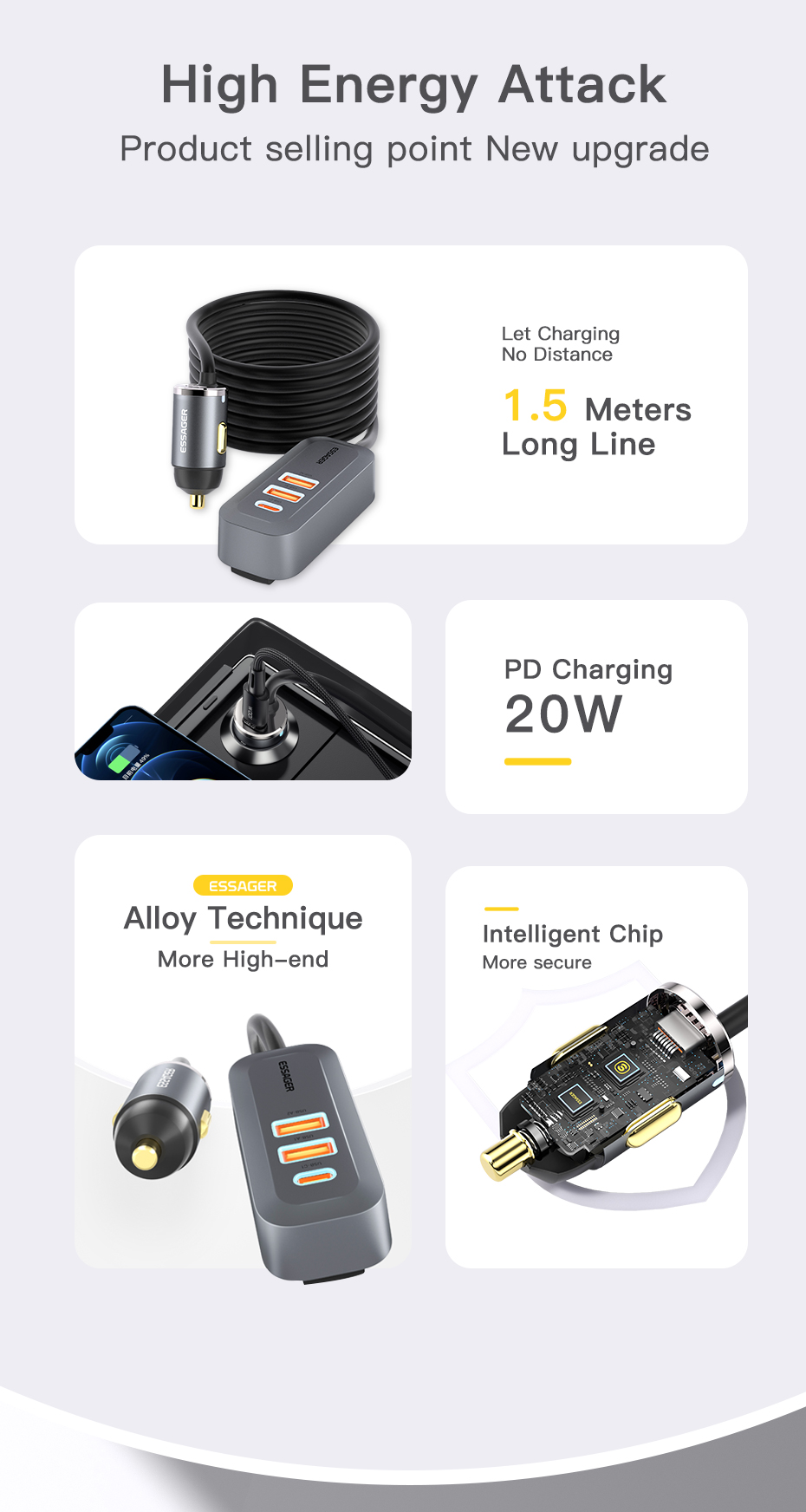 Essager 2022 Doution Car Charger 1.5m Extension Cable 2C2A 100W Car Charger For Huawei Xiaomi Mobile Phone