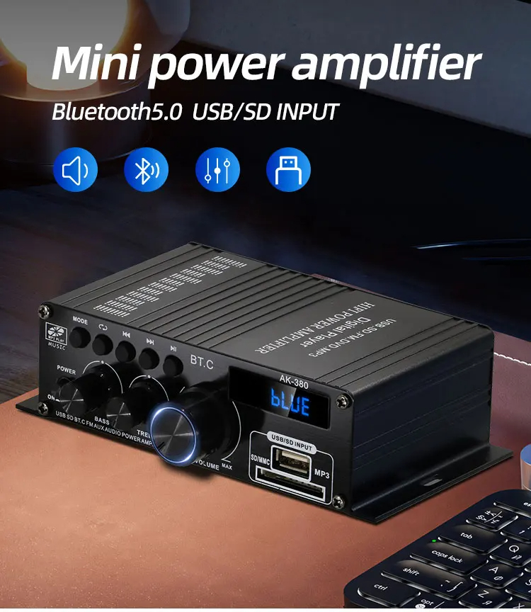 AK-380 USB SD Audio Power Amplifier 400W 2.0 CH HiFi Stereo AMP Speaker Bluetooth 5.0 Amp Receiver with Remote Control for Home