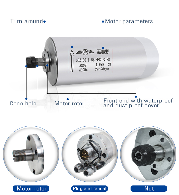 1.5kw ER11 400HZ 24000rpm Water Cooled Spindle Motor for and Maximum Torque 0.59Nm