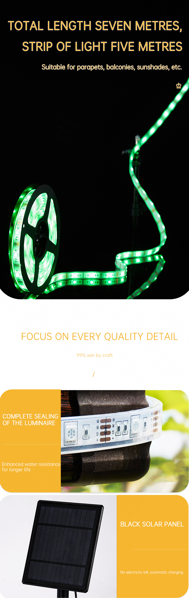 100lm 250LM Solar Powered LED Strip Solar Rope String Lights RoHS