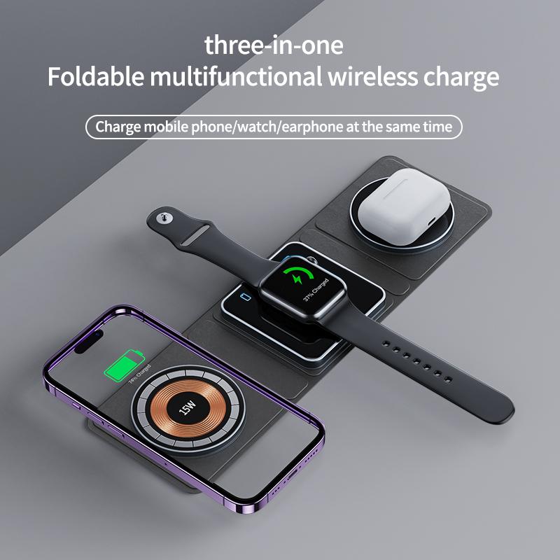 Three-In-One Business Travel Essential Foldable Mobile Phone Watch Earphone Wireless Charger