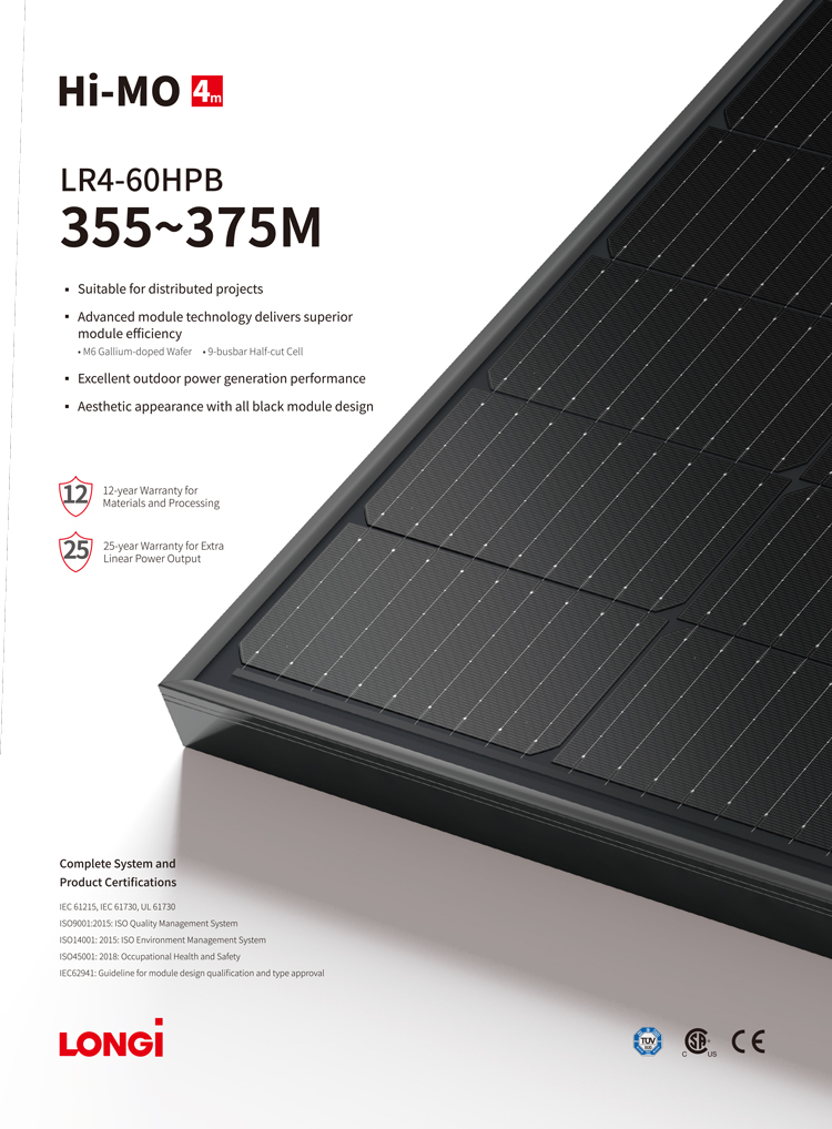 Half Cell PV Module Solar Panel Longi Hi MO 4m LR4-60HPB 355-375M Home Use 375w