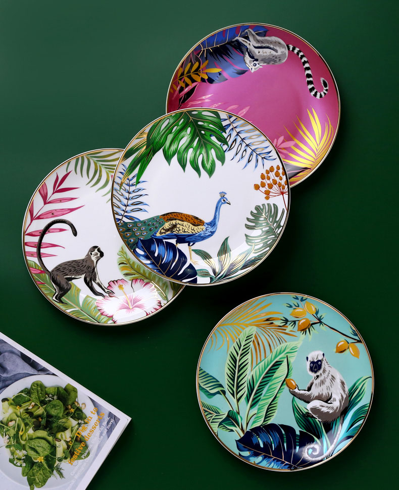 Jungle Animal Pattern Ceramic Plate Set Round European Style For Home Party