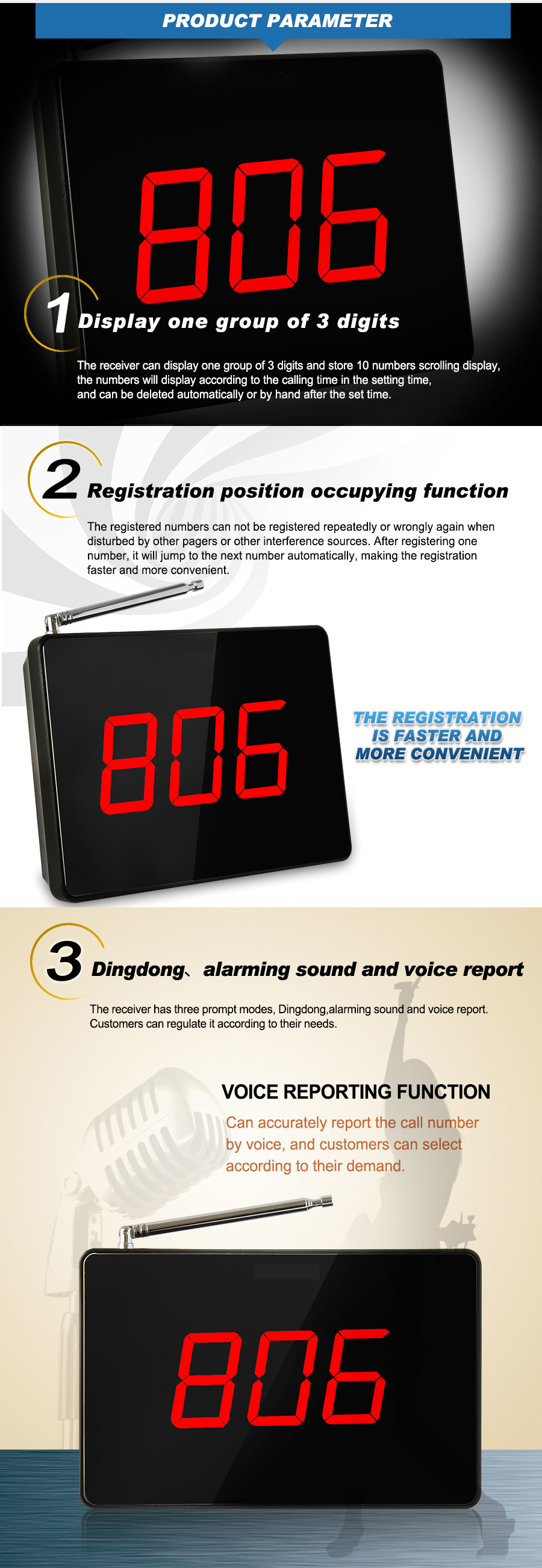 Cheap price wireless call paging system smart restaurant table button small display receiver
