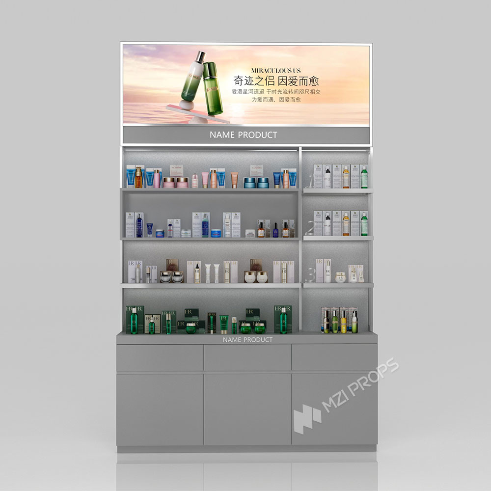 GDR02-BG02 Skincare Display Cabinet with Stainless Steel Tube and 60mm Soft Film Light Box for Fashion Boutiques