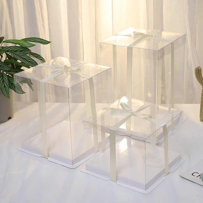 Factory Custom Eco Friendly Food Folders Box for 6 8 10 12 Inch Transparent Cake Box with Ribbon