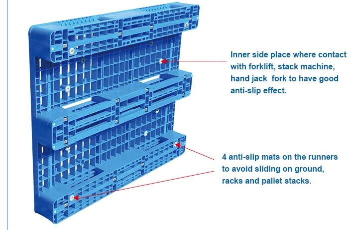 100% Virgin HDPE wear-resistant anti-slip stackable plastic pallet, China Manufacturer accept custom standard stacking p