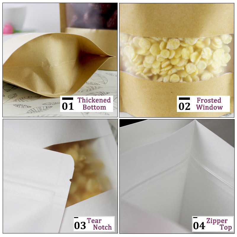 White Kraft Craft Paper Standing Up Pouches Food Packaging Zipper Bags With Window
