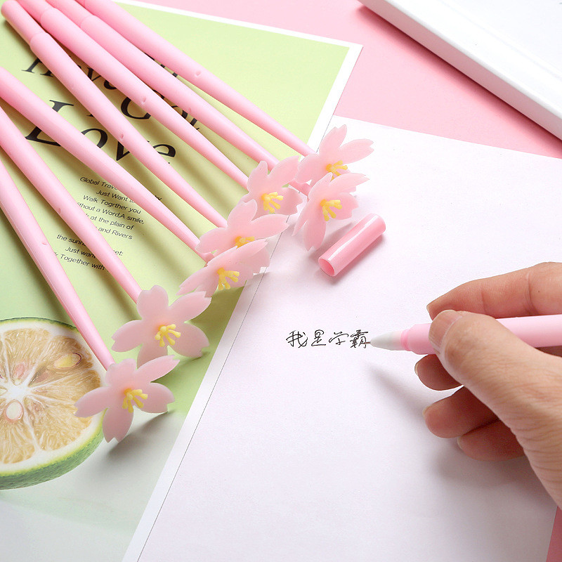 12pcs Cute Pink Flower Gel Ink Pens Writing Pens 0.5 Mm Black Ink Fun Kawaii Pens Bulk For Kids Office School Supplies