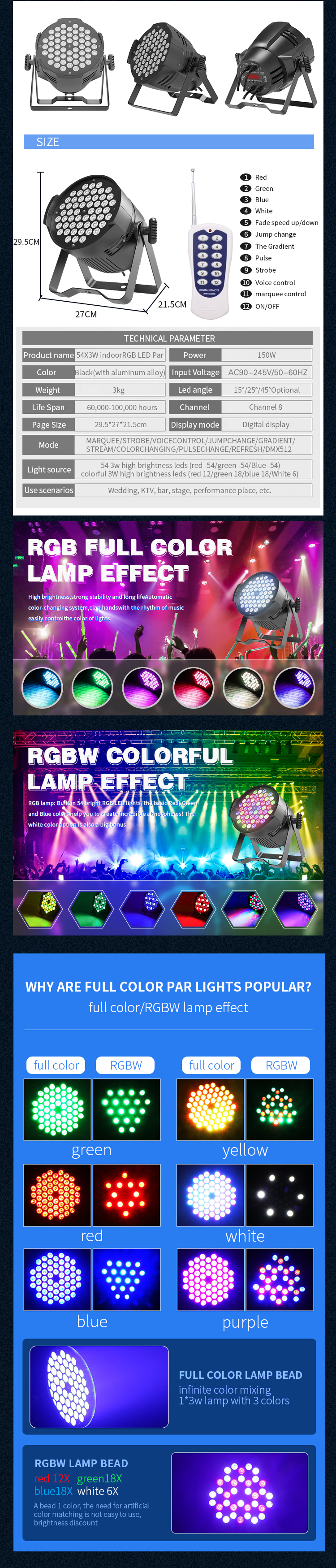 50000 Hours Working Lifetime RGB Wash Light Slim LED Par Can Stage Lights for Stage