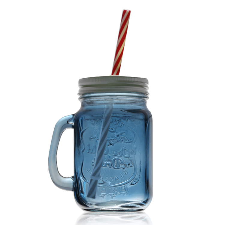 Custom Design Logo embossed colored juice drink glass mason jar with handle and lid