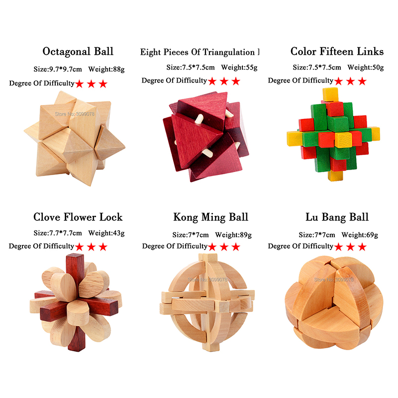 Wooden Kong Ming Puzzles Set Luban Lock IQ Puzzle Game for Adult Kids Time Killer Brain Teaser 3 Levels Degree Game Toy