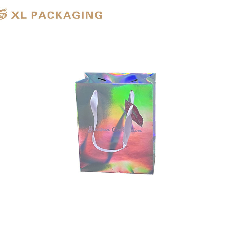 Custom Logo Printing Small Size Holographic Advertising Glitter Hologram Silver Foil Gift Carrier Paper Bag for Jewelry