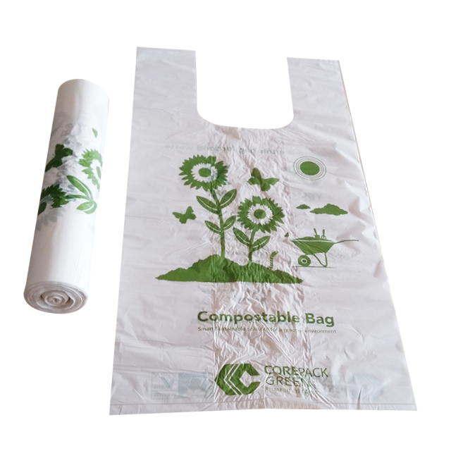 Custom printed corn starch t-shirt plastic bag roll with own logo