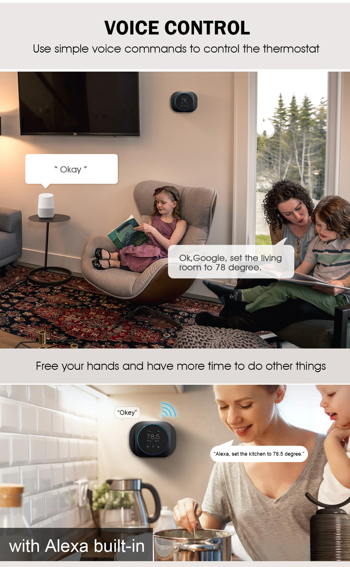 24VAC LED WiFi Smart Thermostat With Voice Control Electric Heat Thermostat