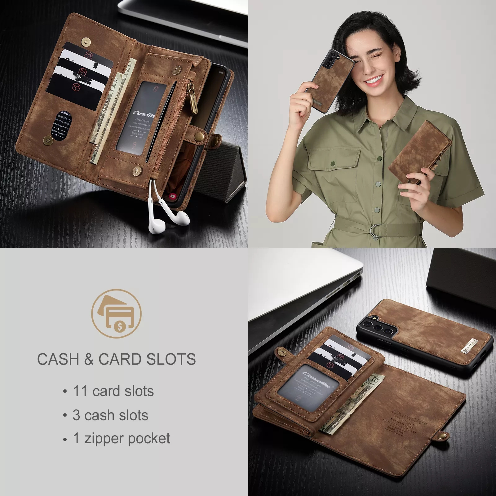 Luxurious Leather Zipper Magnetic Wallet Card Mobile Phone Case Samsung S22 Plus