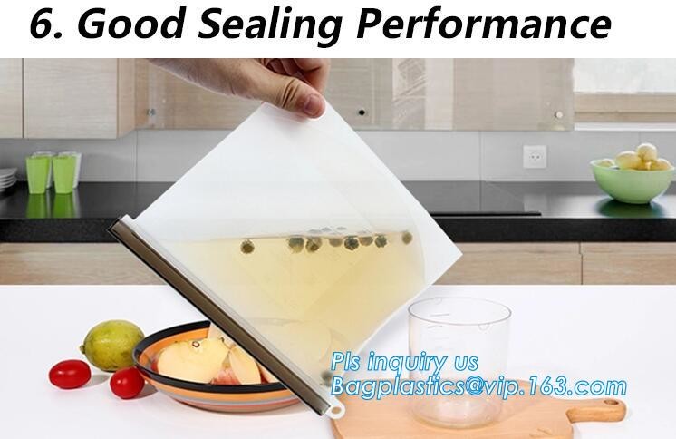 Storage preservation reusable silicone food bag,FDA reusable silicone storage food bag with Zip lockk in microwave bagease