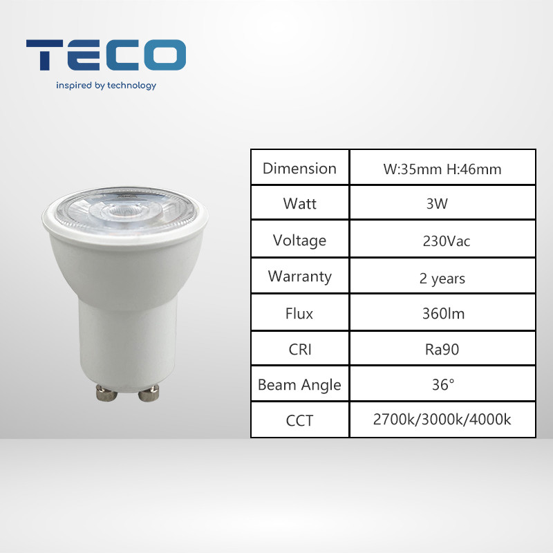 Teco 25000 Hours GU10 Mini Dimmable LED Bulbs Energy Saving 3000K 36 Degree Beam Angle