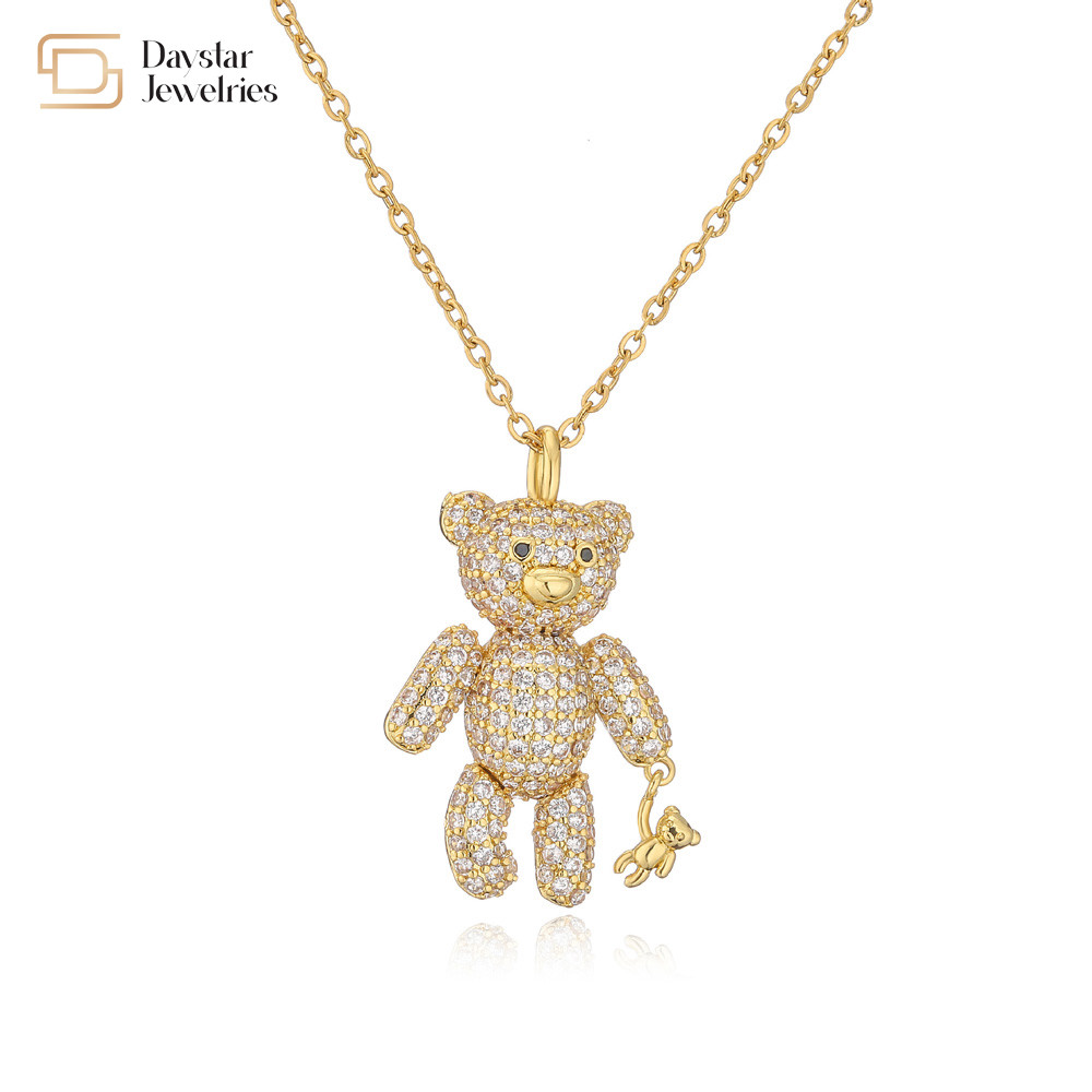 Diamond Zircon Dainty Bear Pendant Necklace 18k Gold Plated Jewelry For Women