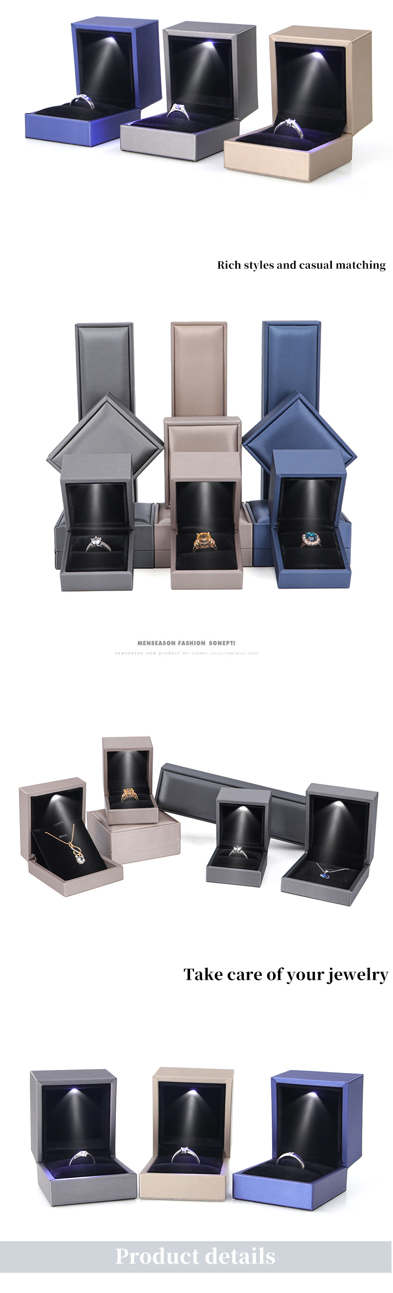 Blue LED Jewelry Box for Luxury Packaging of Earrings Bracelets Necklaces Rings