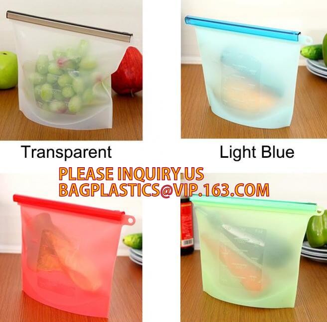 Storage preservation reusable silicone food bag,FDA reusable silicone storage food bag with Zip lockk in microwave bagease