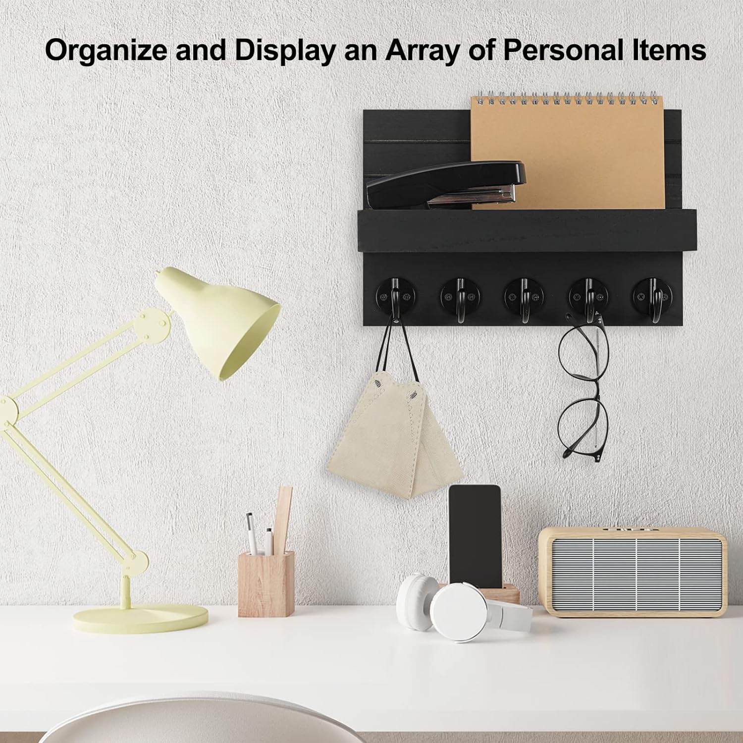 Paulownia Wood Key Holder for Wall, Decorative Key and Mail Holder with Shelf Has Large Hooks for Bags, Coats, Umbrella