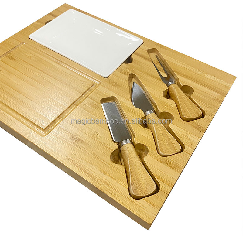CE / EU Certified Bamboo Cheese Board Set with Three Cheese Knives and Slate Surface