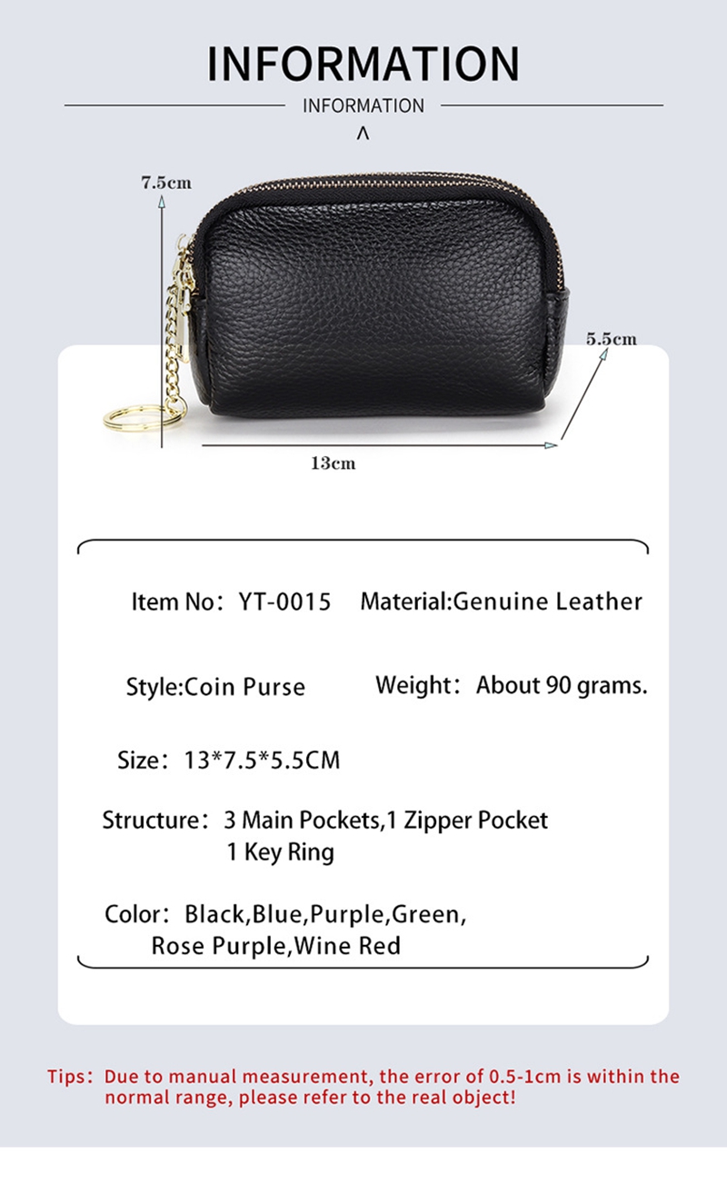 Genuine Leather Purse Three Zip Coin Bag Multi-function Key Bag Wallet Ideal for Daily