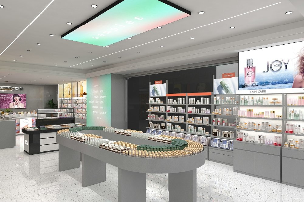 GDR02-BG02 Skincare Display Cabinet with Stainless Steel Tube and 60mm Soft Film Light Box for Fashion Boutiques