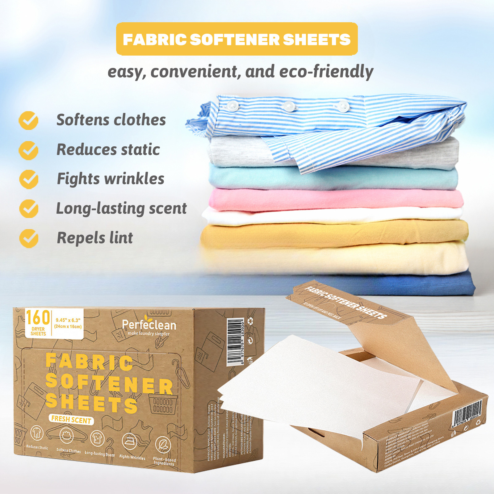 Sustainable Fabric Softener Washer Sheets Long Lasting Scent Eco Friendly