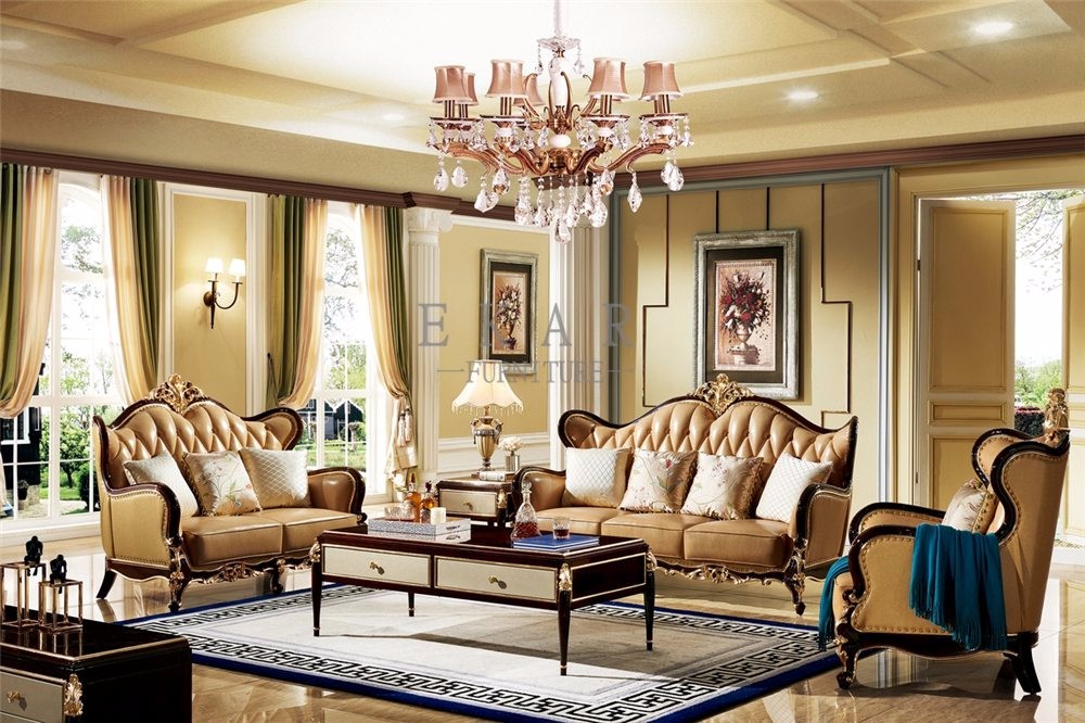 Wooden Frame Italian Leather Luxury Sofa Set