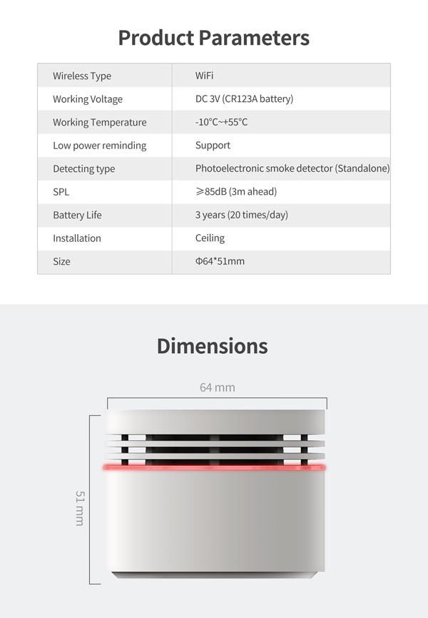 2.6V Battery Wifi Fire Detector CR123A 85db 64mmx51mm Buzzer Alarm